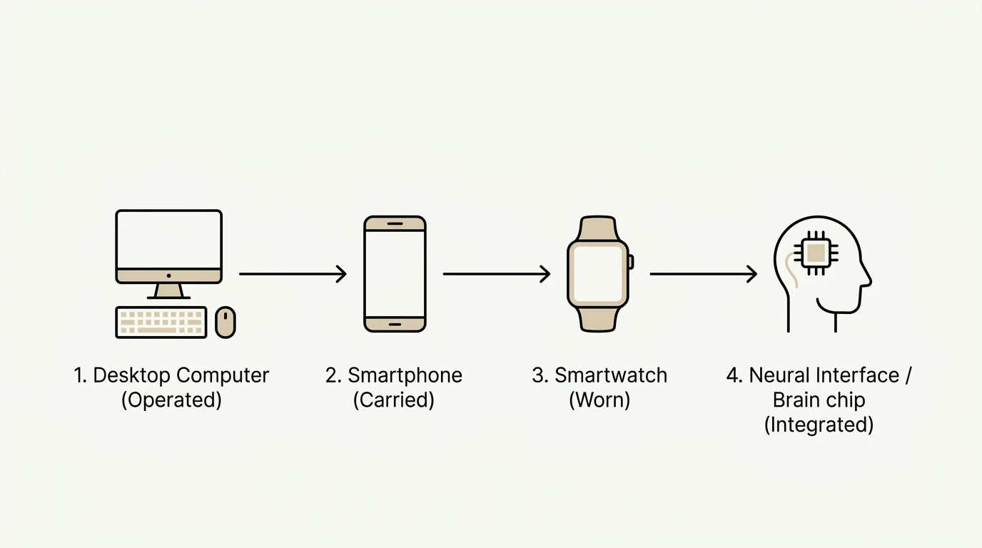 The 4 stages of technological proximity: Desktop Computer (Operated), Smartphone (Carried), Smartwatch (Worn), Neural Interface (Integrated)