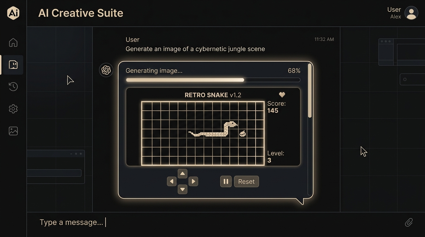 AI generation waiting state featuring an interactive retro Snake mini-game
