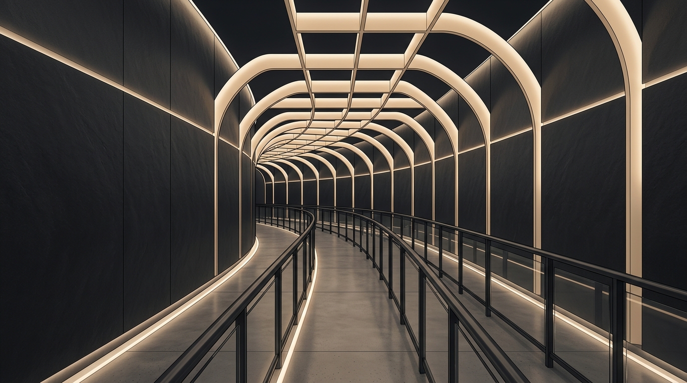 Minimalist architectural theme park queue with modern glowing arches and clean pathway design