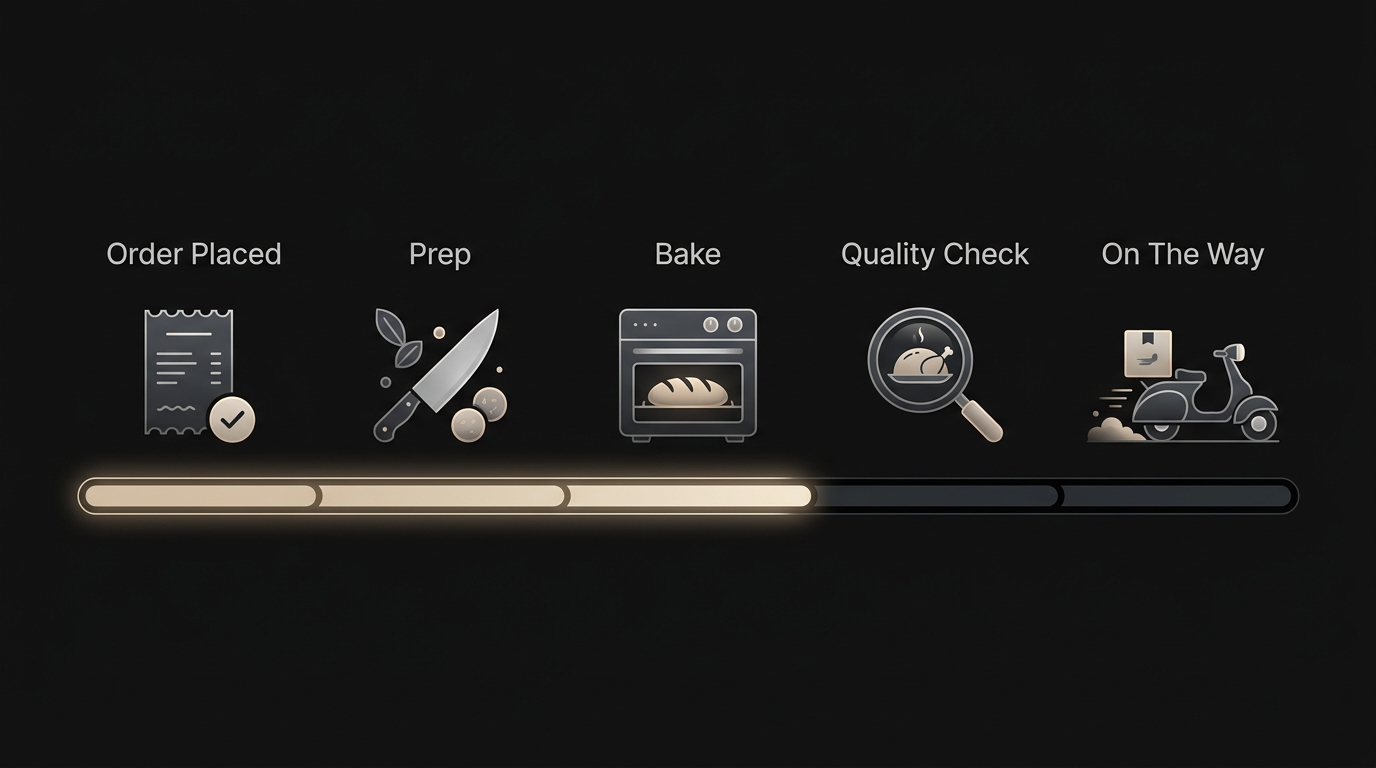 Multi-stage order tracker pipeline showing progress from prep to bake to dispatch