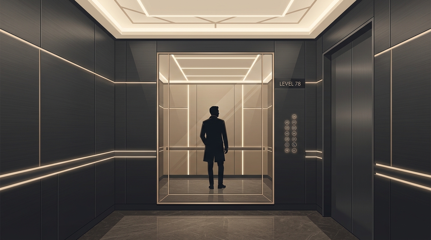 Architectural elevator interior with mirror reflection altering perceived journey time